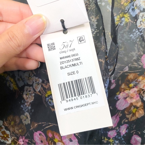 Cinq A Sept Dress Marianne Floral Silk Organza Tie Wedding Black Multi 0 NWT - Picture 7 of 12